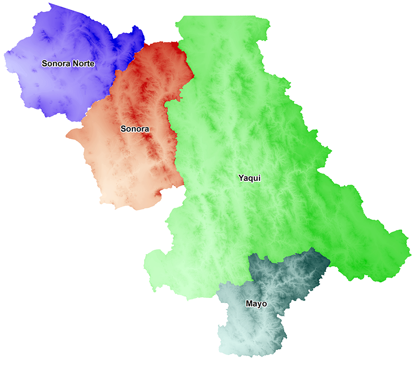 Map of large watershed areas of Sonora, Mexico