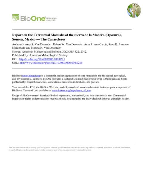 Report on the Terrestrial Mollusks of the Sierra de la Madera (Oposura), Sonora, Mexico – The Caracoleros