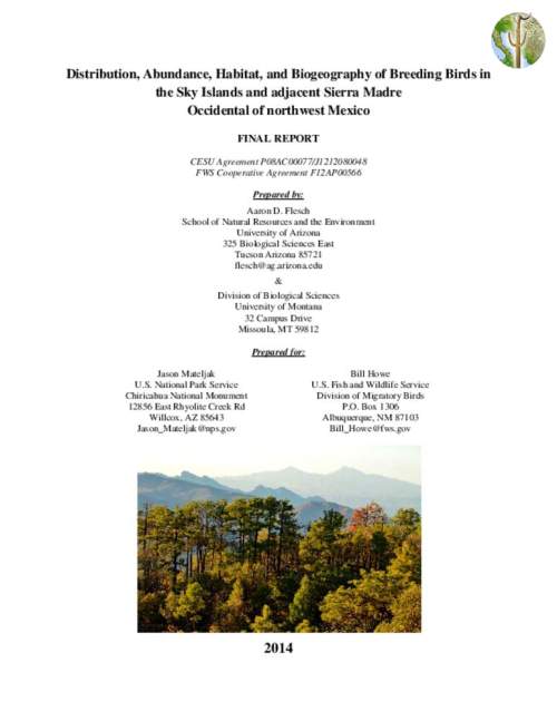 Distribution, Abundance, Habitat, and Biogeography of Breeding Birds in the Sky Islands and adjacent Sierra Madre Occidental of 