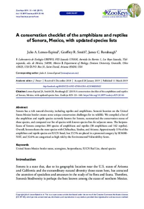 A conservation checklist of the amphibians and reptiles of Sonora, Mexico, with updated species lists