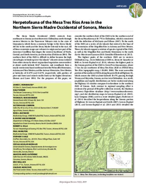 Herpetofauna of the Mesa Tres Ríos Area in the Northern Sierra Madre Occidental of Sonora, Mexico