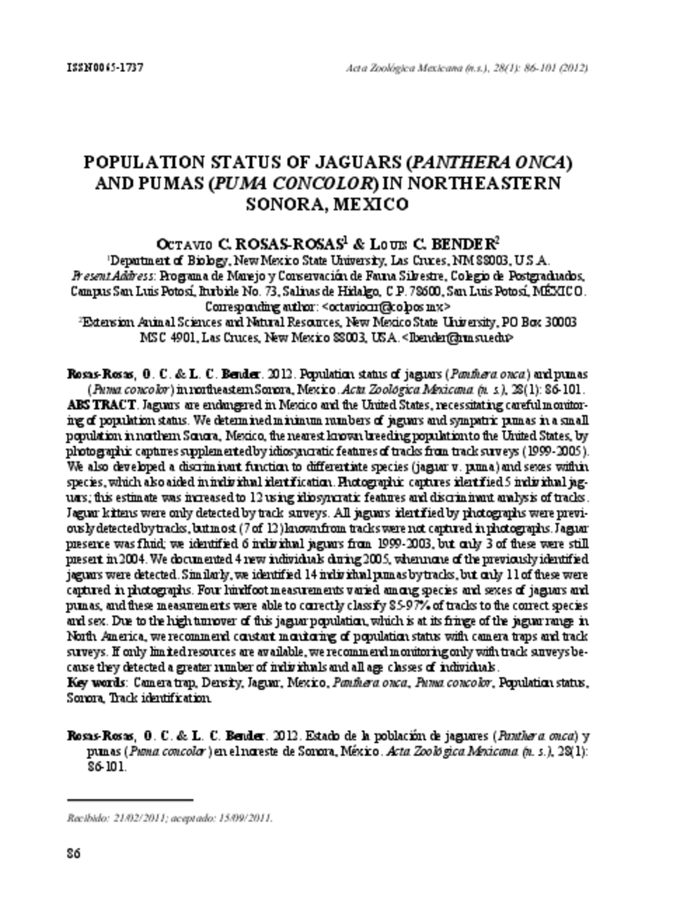 Population Status Of Jaguars (Panthera Onca) And Pumas (Puma Concolor) In Northeastern Sonora, Mexico, Rosas and Bender