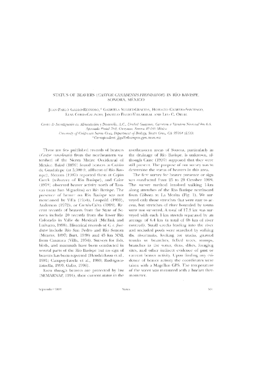 Status of Beavers (Castor Canadensis Frondator) in Rio Bavispe, Sonora, Mexico