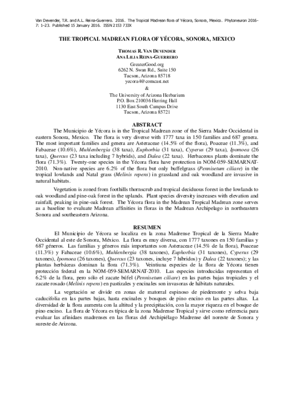 The Tropical Madrean Flora of Yécora, Sonora, Mexico