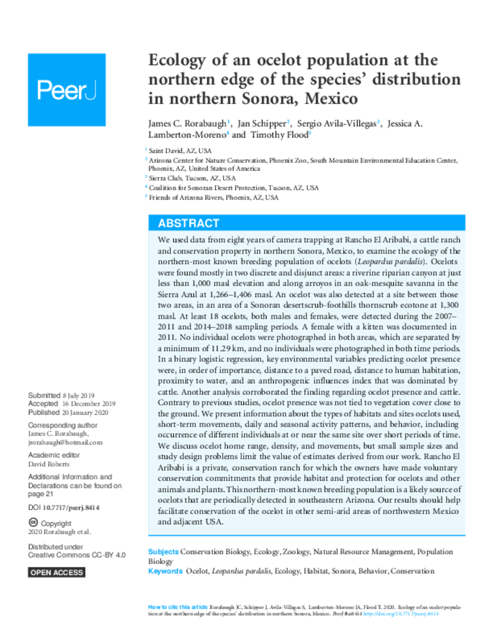 Ecology of an ocelot population at the northern edge of the species’ distribution in northern Sonora, Mexico