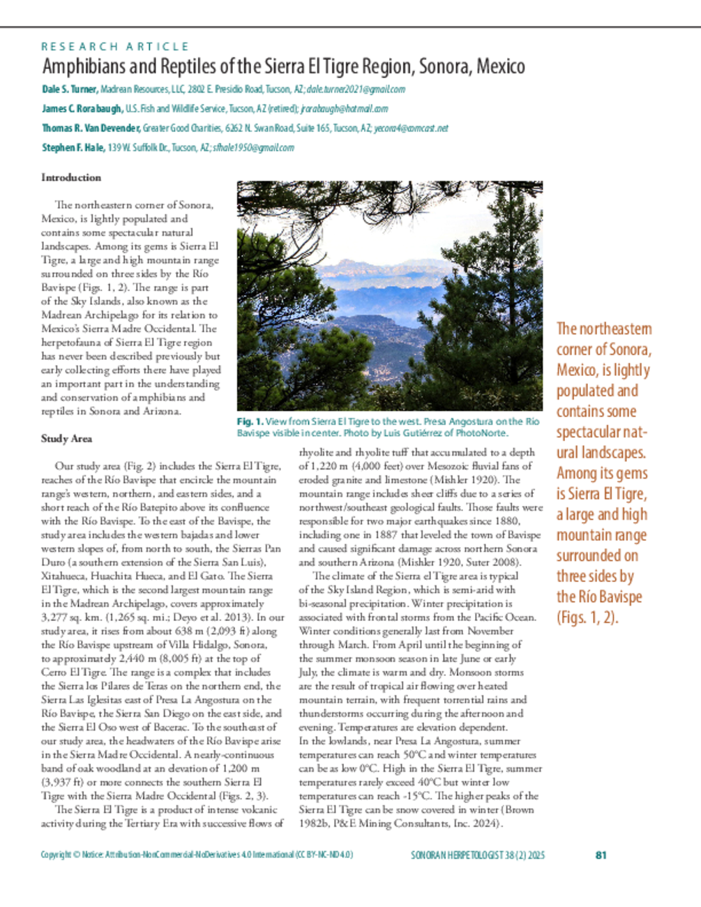 Amphibians and Reptiles of the Sierra El Tigre Region, Sonora, Mexico