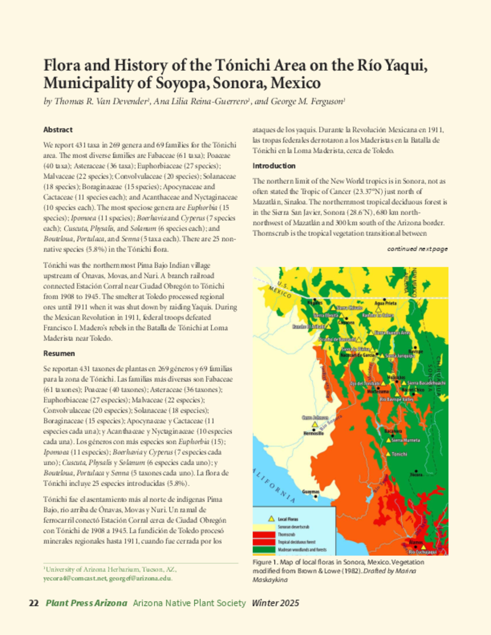 Flora and History of the Tónichi Area on the Río Yaqui, Municipality of Soyopa, Sonora, Mexico