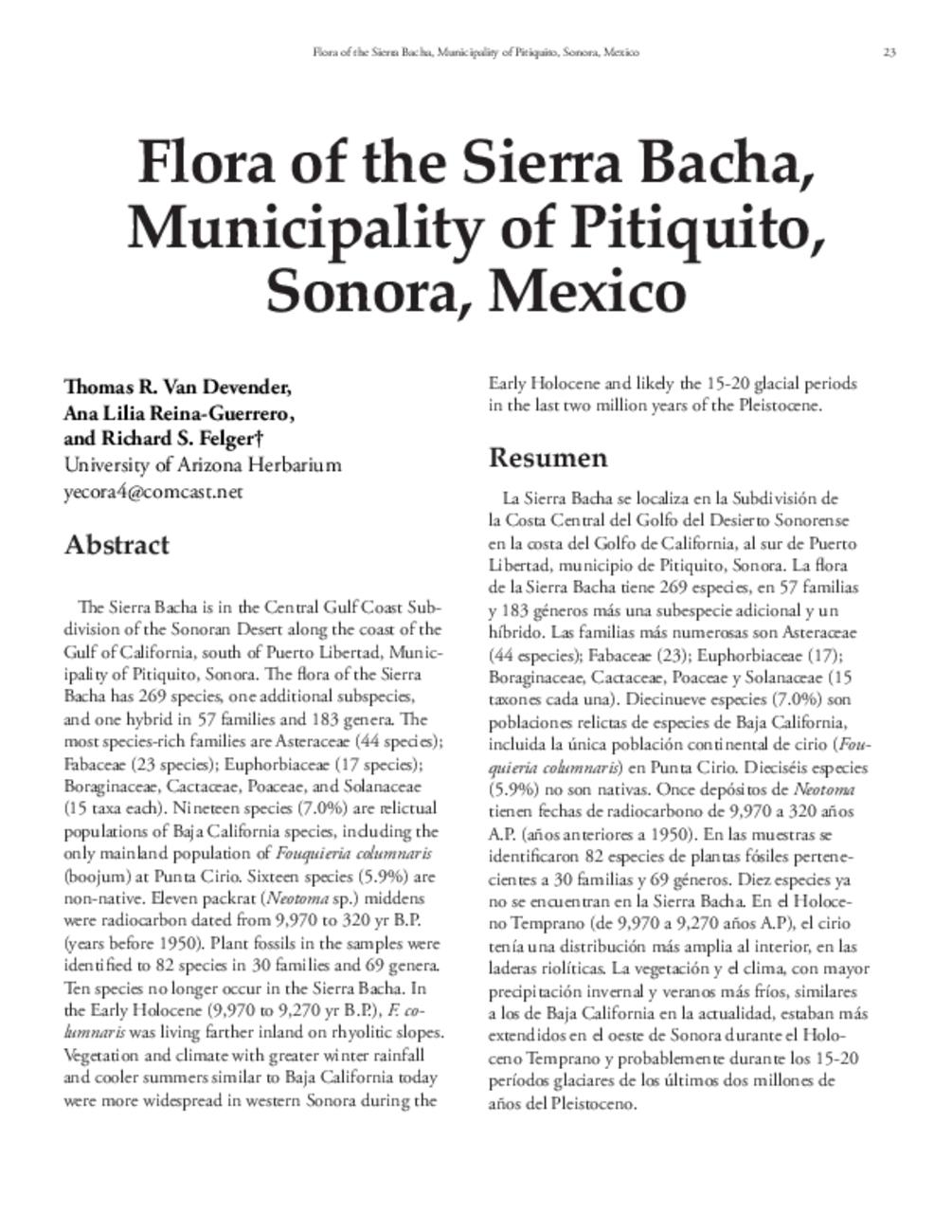 Flora of the Sierra Bacha, Municipality of Pitiquito, Sonora, Mexico