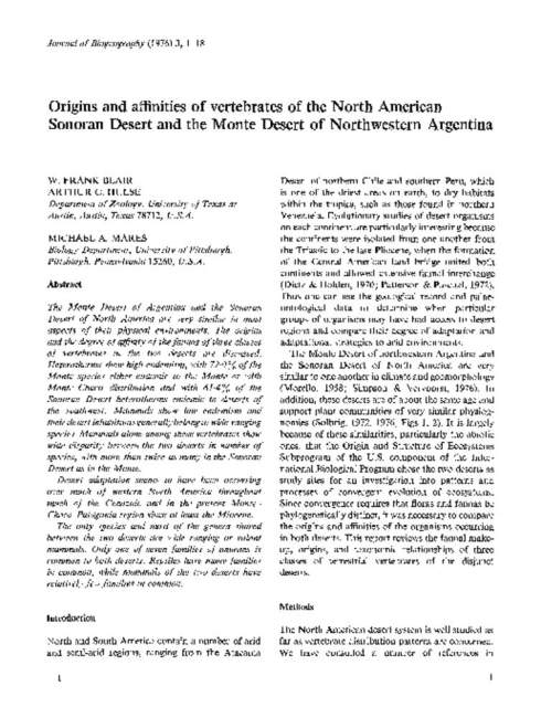Origins and affinities of vertebrates of the North American Sonoran Desert and the Monte Desert of Northwestern Argentina