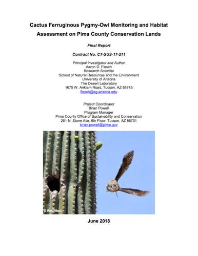 Cover of Cactus Ferruginous Pygmy-Owl Monitoring and Habitat Assessment on Pima County Conservation Lands Cover of Cactus Ferruginous Pygmy-Owl Monitoring and Habitat Assessment on Pima County Conservation Lands