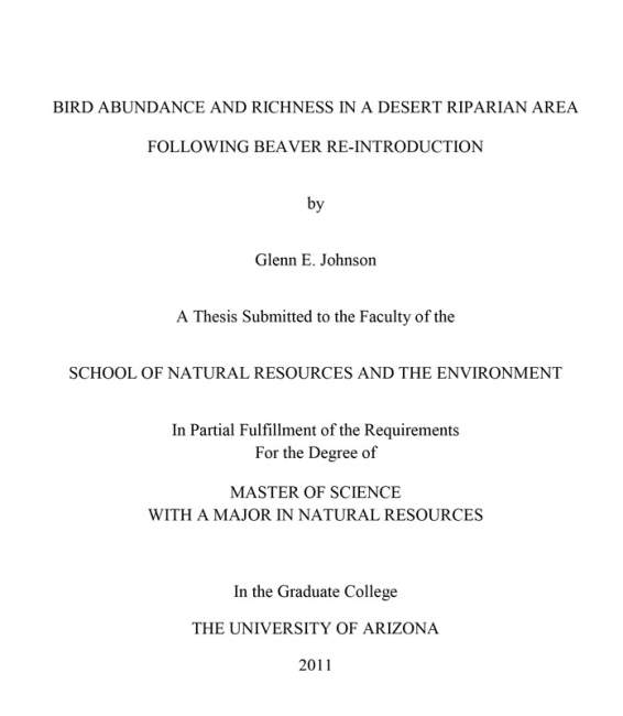 Cover of Bird Abundance and Richness in a Desert Riparian Area Following Beaver Re-introduction Cover of Bird Abundance and Richness in a Desert Riparian Area Following Beaver Re-introduction