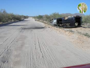 Burned-out migrant van on Altar/Sasabe