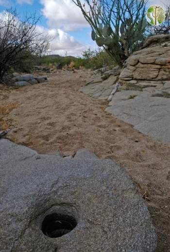 Photo: Desert wash with O'odham grinding hole