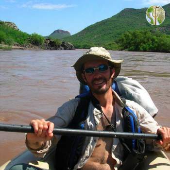 Aaron on boat, Rio Aros and Yaqui Biological Inventory, 2005