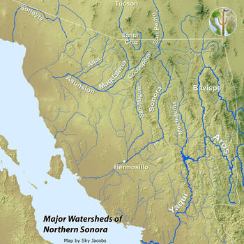 Map of large watersheds and rivers of northern Sonora, Mexico