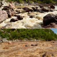 Photo comparison of La Morita rapid in medium and high flows