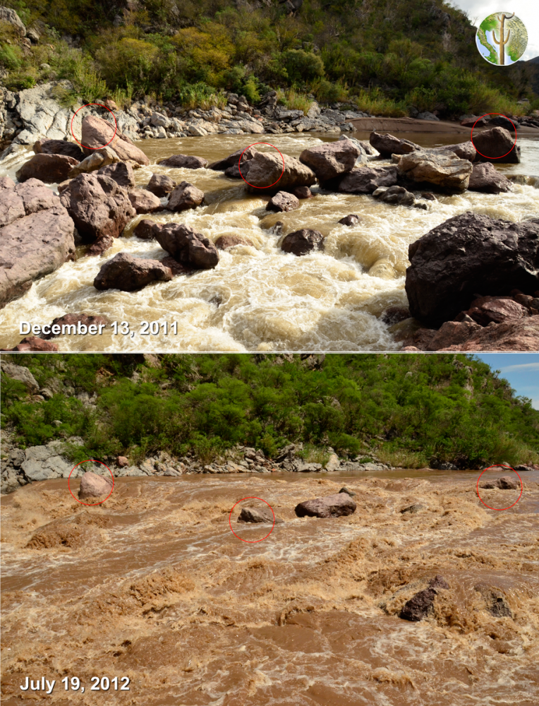 Photo comparison of La Morita rapid in medium and high flows