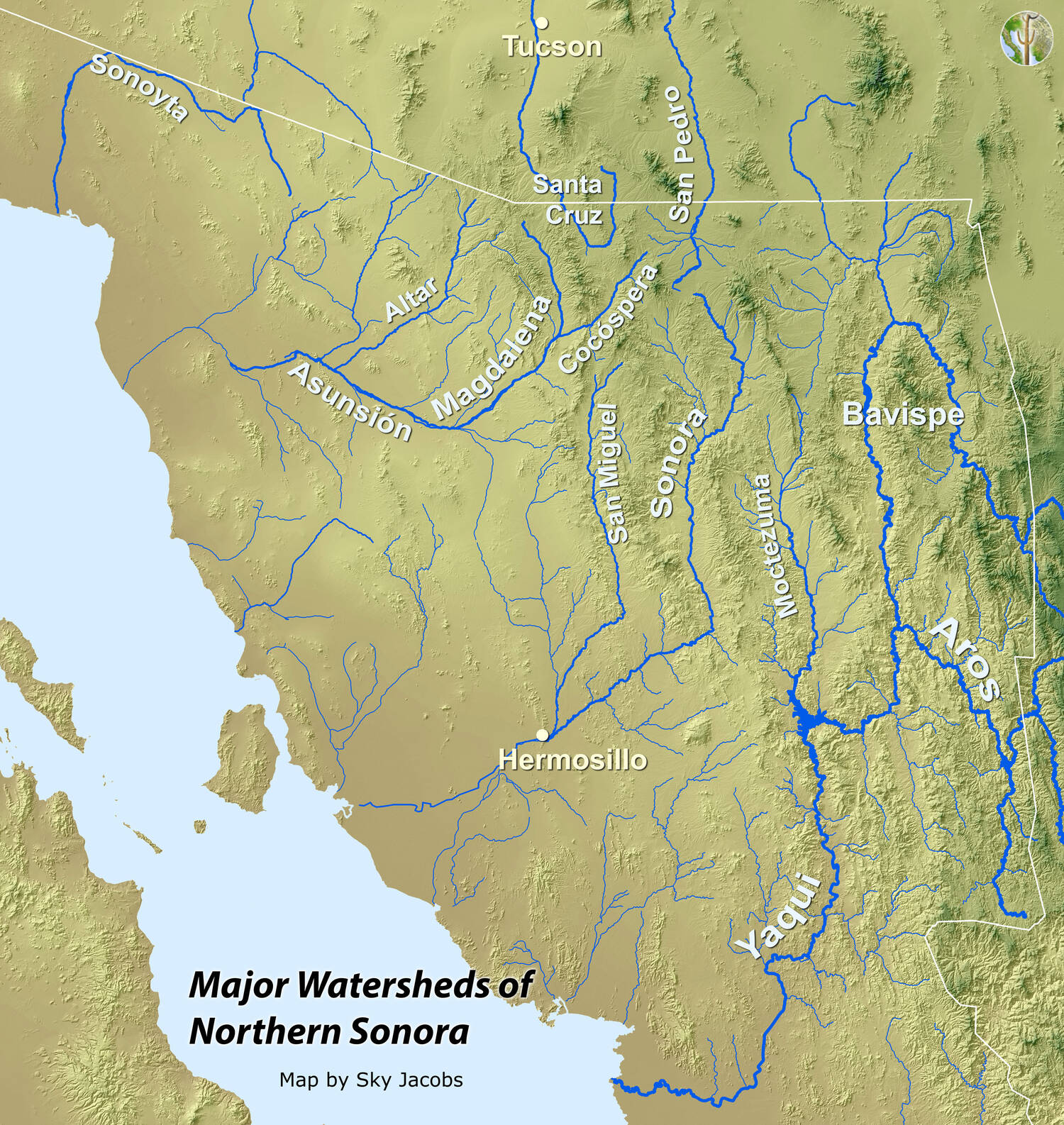 Map of large watersheds and rivers of northern Sonora, Mexico